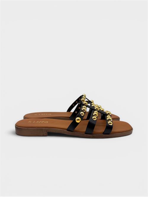 Ciabatta flat in pelle nera con borchie dorate IL LACCIO | 10003PELLENERO
